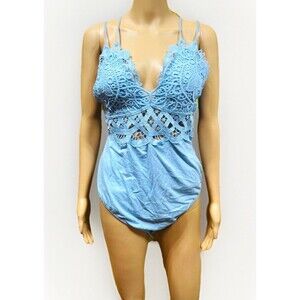 Bodysuit Blue Lace V Neck Strappy Smocked Back Women Size M Vacation ClubWear